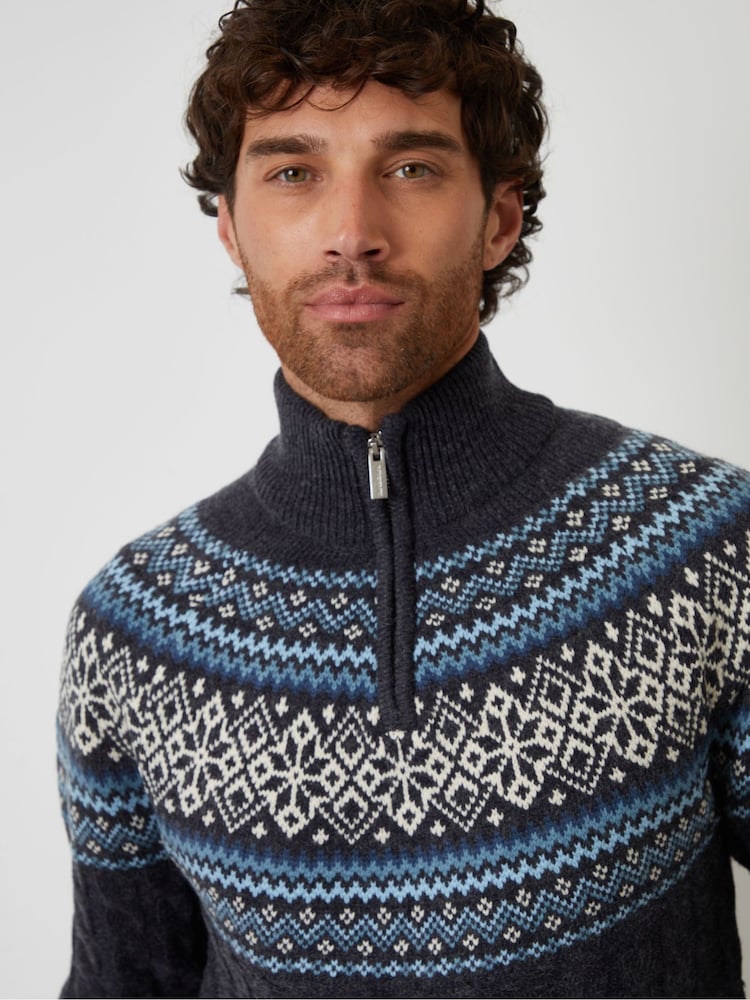 Threadbare Blue Fairisle Cable Knit Quarter Zip Jumper - Image 4 of 4 Threadbare Blue Fairisle Cable Knit Quarter Zip Jumper - Image 4 of 4