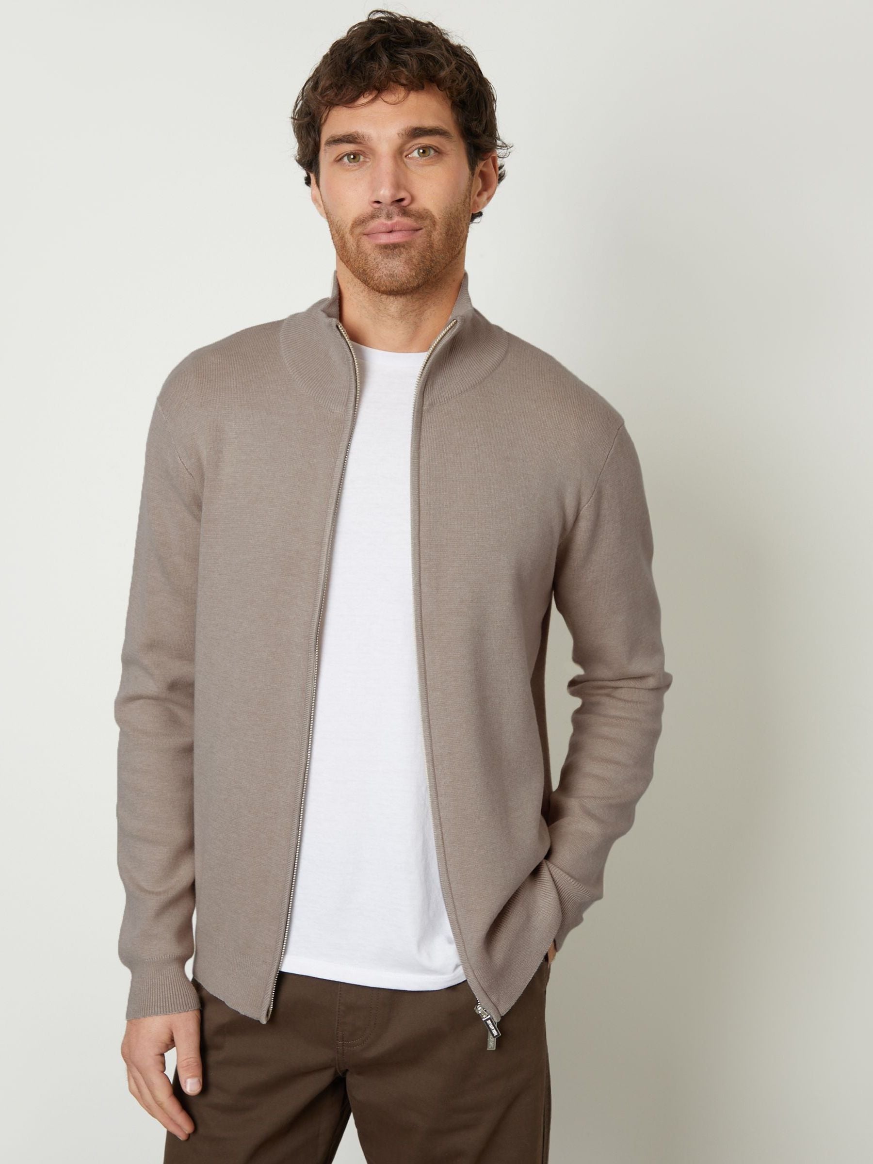 Threadbare Taupe Zip-Through Funnel Neck Knitted Cardigan In - Image 2