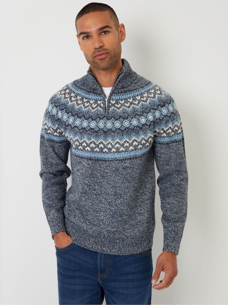 Threadbare Blue Fairisle Knitted Quarter Zip Jumper - Image 1 of 4 Threadbare Blue Fairisle Knitted Quarter Zip Jumper - Image 1 of 4