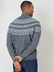 Threadbare Blue Fairisle Knitted Quarter Zip Jumper - Image 2 of 4