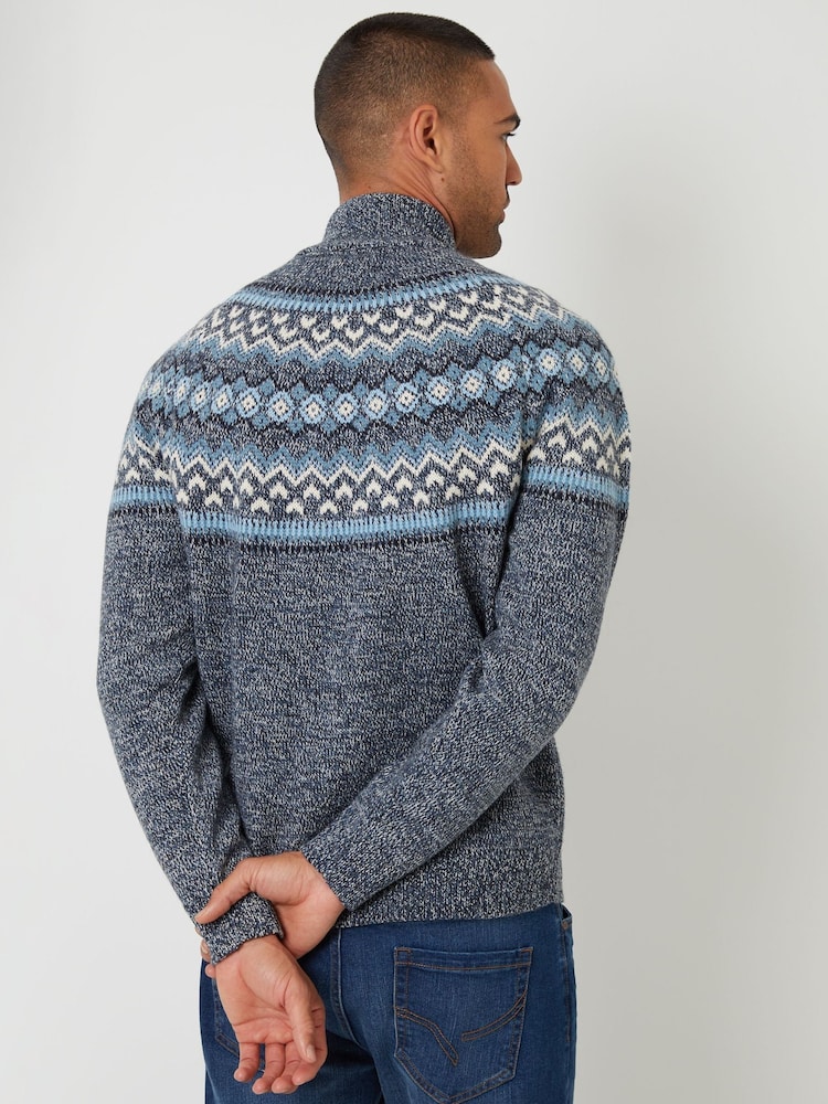 Threadbare Blue Fairisle Knitted Quarter Zip Jumper - Image 2 of 4 Threadbare Blue Fairisle Knitted Quarter Zip Jumper - Image 2 of 4