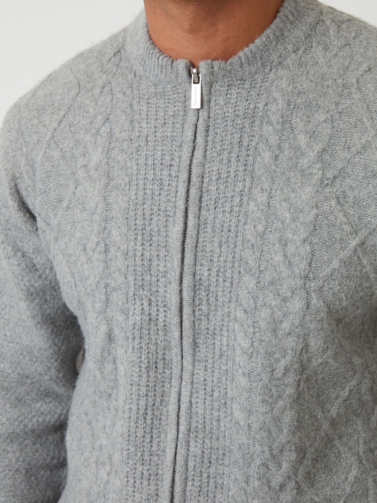 Threadbare Grey Bomber Style Cable Knit Zip Through Cardigan - Image 5 of 5 Threadbare Grey Bomber Style Cable Knit Zip Through Cardigan - Image 5 of 5