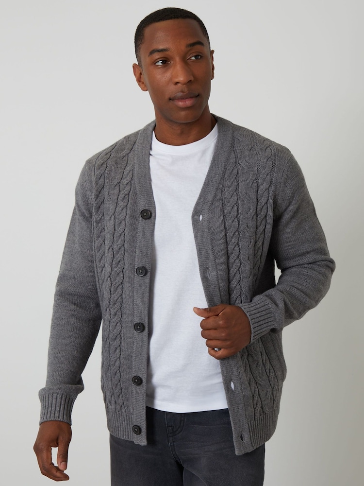 Threadbare Grey Cable Knit Detail V-Neck Cardigan - Image 1 of 4 Threadbare Grey Cable Knit Detail V-Neck Cardigan - Image 1 of 4