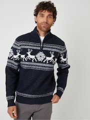 Threadbare Blue Fairisle Knitted Quarter Zip Christmas Jumper - Image 1 of 4
