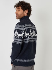 Threadbare Blue Fairisle Knitted Quarter Zip Christmas Jumper - Image 2 of 4
