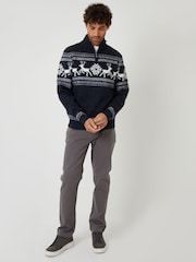 Threadbare Blue Fairisle Knitted Quarter Zip Christmas Jumper - Image 3 of 4