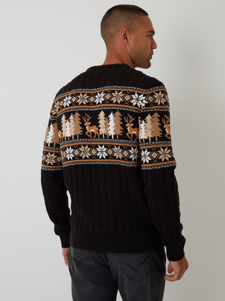 Threadbare Black Cable Knit Fairisle Crew Neck Christmas Jumper - Image 2 of 4 Threadbare Black Cable Knit Fairisle Crew Neck Christmas Jumper - Image 2 of 4