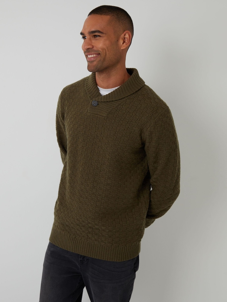 Threadbare Green Basket Stitch Knitted Shawl Neck Jumper - Image 1 of 4 Threadbare Green Basket Stitch Knitted Shawl Neck Jumper - Image 1 of 4