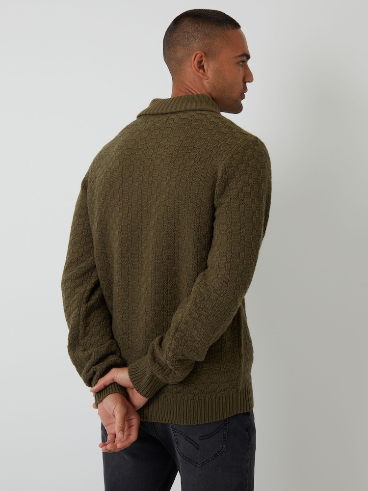Threadbare Green Basket Stitch Knitted Shawl Neck Jumper - Image 2 of 4 Threadbare Green Basket Stitch Knitted Shawl Neck Jumper - Image 2 of 4
