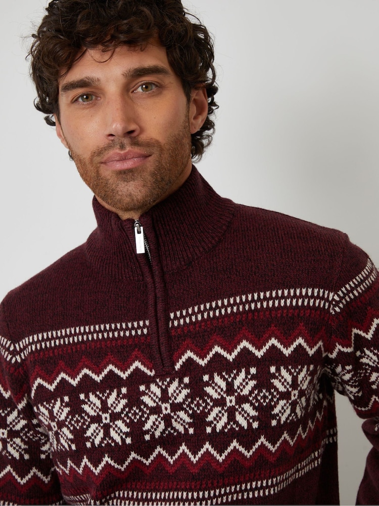 Threadbare Red Fairisle Knitted Quarter Zip Jumper - Image 4 of 4 Threadbare Red Fairisle Knitted Quarter Zip Jumper - Image 4 of 4