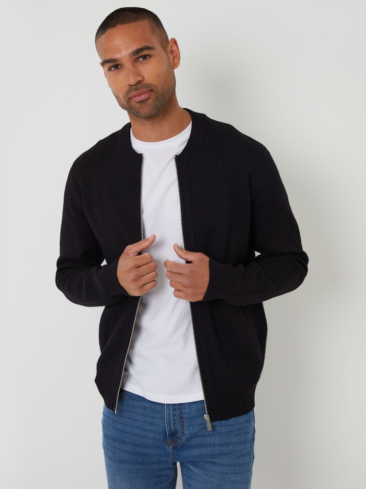 Threadbare Black Bomber Style Knitted Zip Through Cardigan - Image 1 of 4