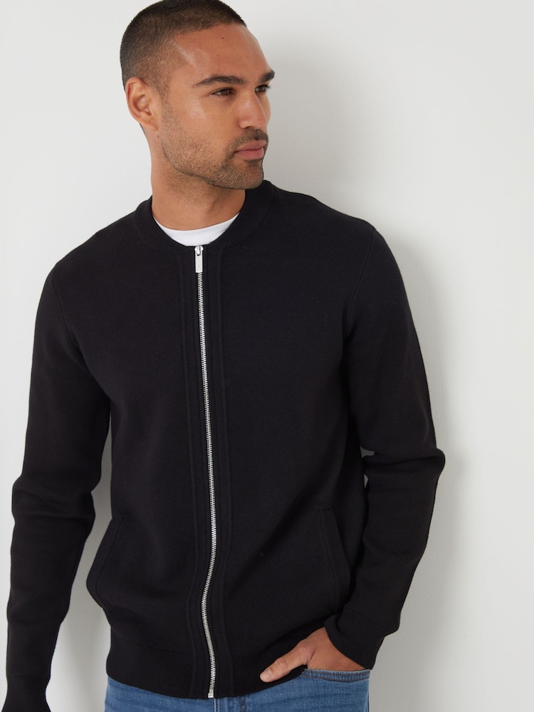 Threadbare Black Bomber Style Knitted Zip Through Cardigan - Image 2 of 4 Threadbare Black Bomber Style Knitted Zip Through Cardigan - Image 2 of 4