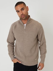 Threadbare Brown Rib Panel Quarter Zip Knitted Jumper - Image 1 of 4