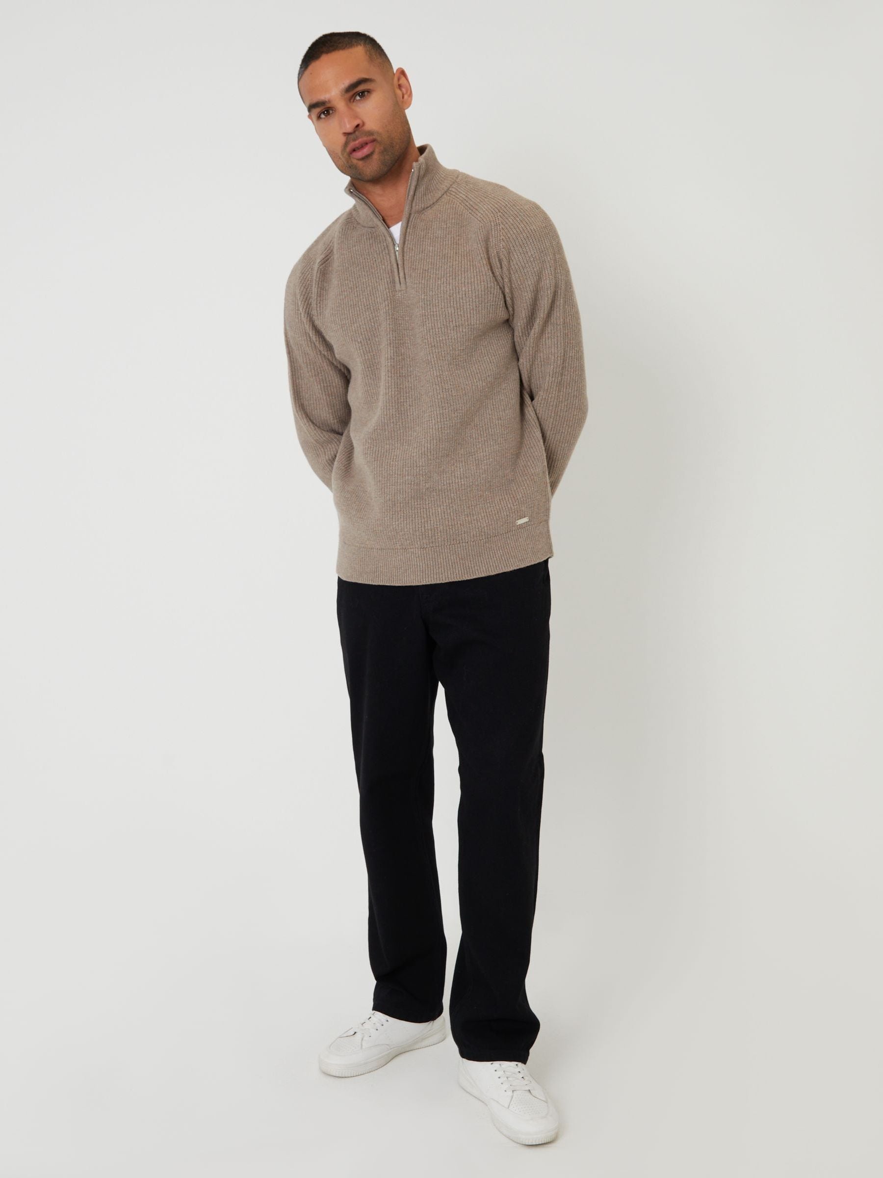 Buy Threadbare Brown Rib Panel Quarter Zip Knitted Jumper from the