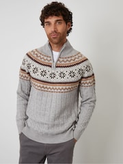 Threadbare Grey Fairisle Cable Knit Quarter Zip Jumper - Image 1 of 4