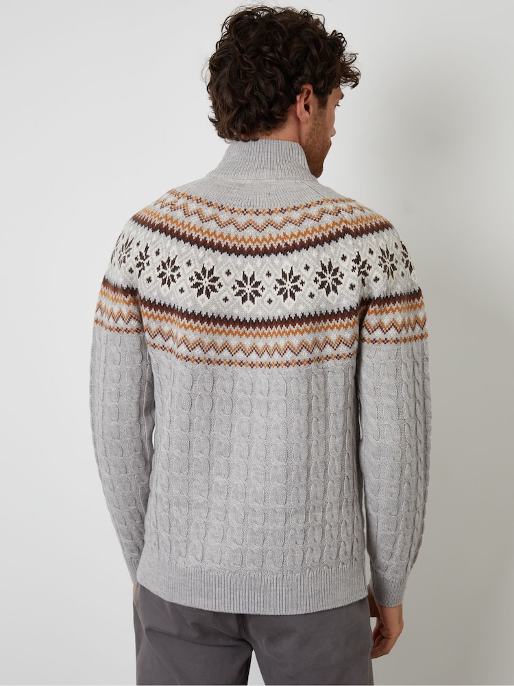 Threadbare Grey Fairisle Cable Knit Quarter Zip Jumper - Image 2 of 4 Threadbare Grey Fairisle Cable Knit Quarter Zip Jumper - Image 2 of 4