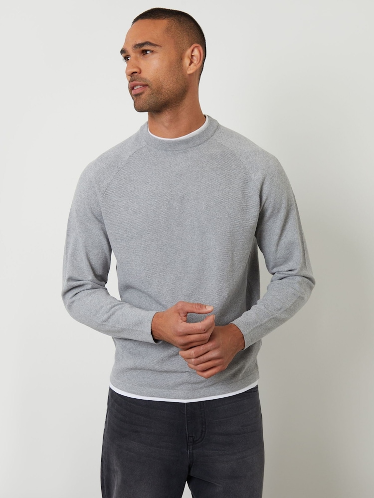 Threadbare Grey Mock T-Shirt Textured Knit Crew Neck Jumper - Image 1 of 4 Threadbare Grey Mock T-Shirt Textured Knit Crew Neck Jumper - Image 1 of 4