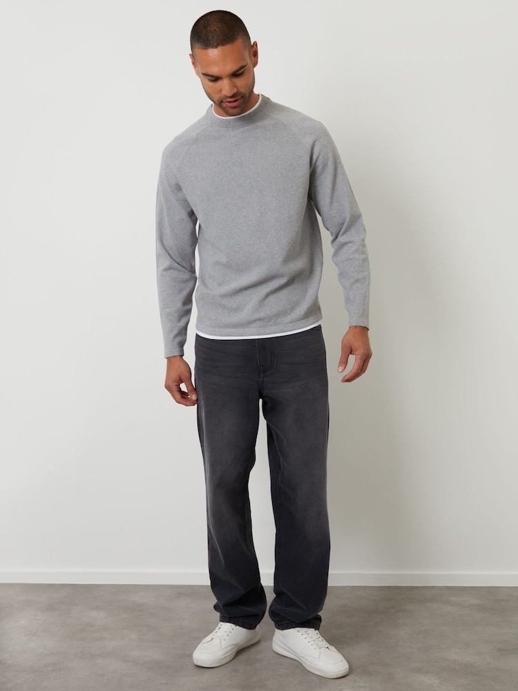 Threadbare Grey Mock T-Shirt Textured Knit Crew Neck Jumper - Image 2 of 4 Threadbare Grey Mock T-Shirt Textured Knit Crew Neck Jumper - Image 2 of 4