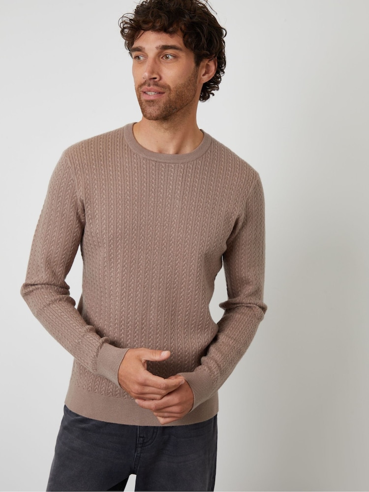Threadbare Brown Cable Knit Rib Crew Neck Jumper - Image 1 of 4 Threadbare Brown Cable Knit Rib Crew Neck Jumper - Image 1 of 4