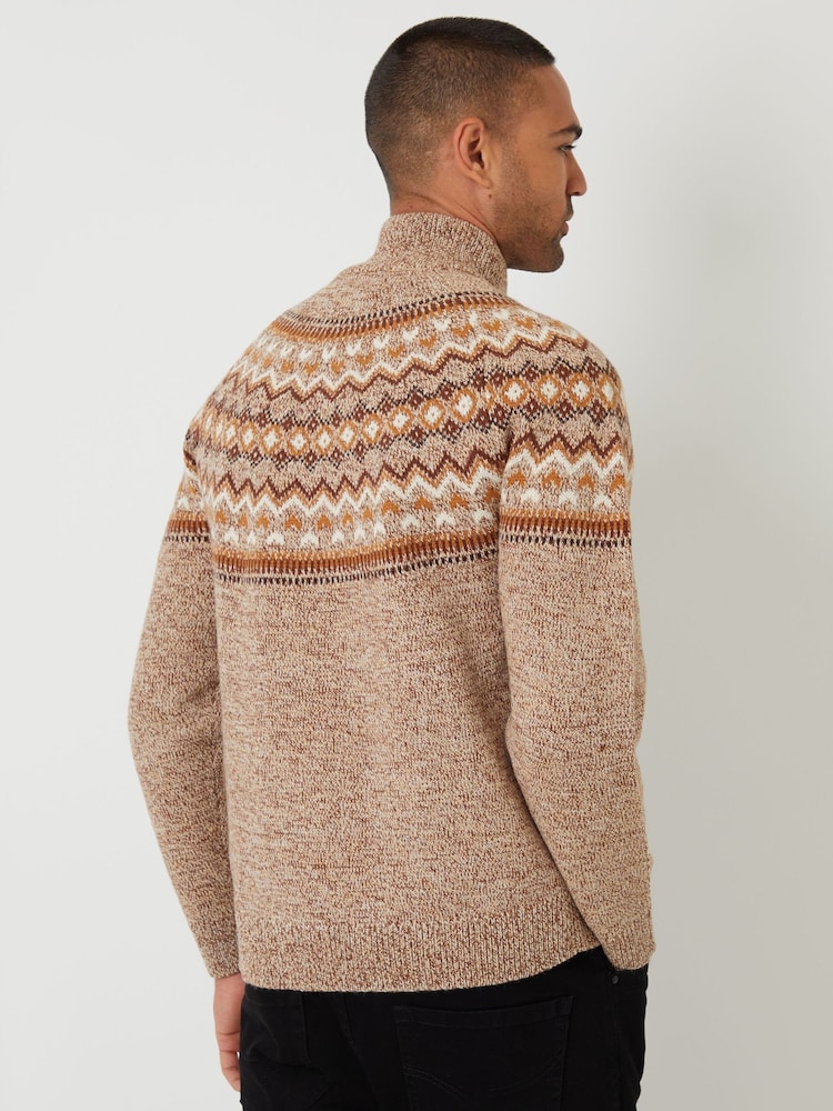 Threadbare Brown Fairisle Knitted Quarter Zip Jumper - Image 2 of 4 Threadbare Brown Fairisle Knitted Quarter Zip Jumper - Image 2 of 4