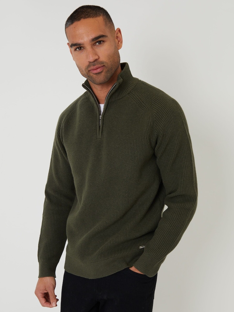 Threadbare Green Rib Panel Quarter Zip Knitted Jumper - Image 1 of 4 Threadbare Green Rib Panel Quarter Zip Knitted Jumper - Image 1 of 4