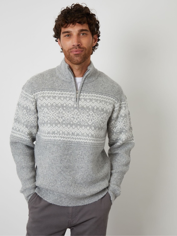 Threadbare Grey Textured Knitted Fairisle Quarter Zip Jumper - Image 1 of 4 Threadbare Grey Textured Knitted Fairisle Quarter Zip Jumper - Image 1 of 4