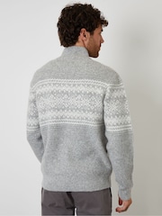Threadbare Grey Textured Knitted Fairisle Quarter Zip Jumper - Image 2 of 4