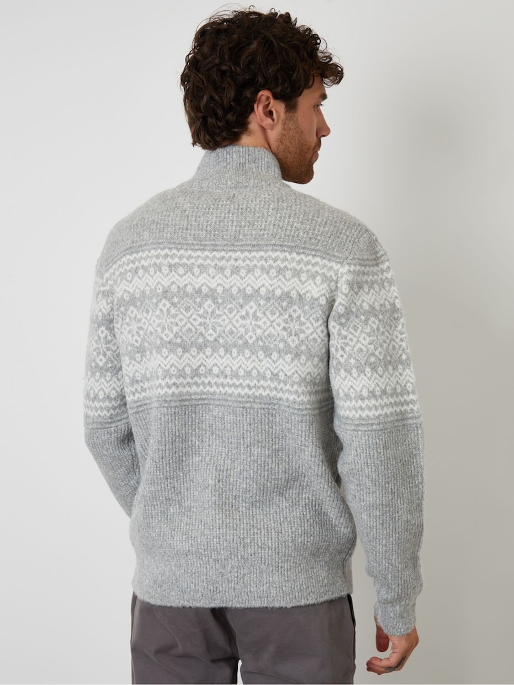 Threadbare Grey Textured Knitted Fairisle Quarter Zip Jumper - Image 2 of 4 Threadbare Grey Textured Knitted Fairisle Quarter Zip Jumper - Image 2 of 4