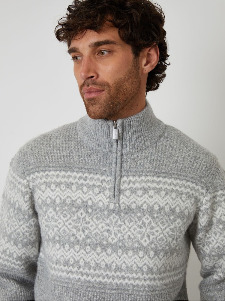 Threadbare Grey Textured Knitted Fairisle Quarter Zip Jumper - Image 4 of 4 Threadbare Grey Textured Knitted Fairisle Quarter Zip Jumper - Image 4 of 4