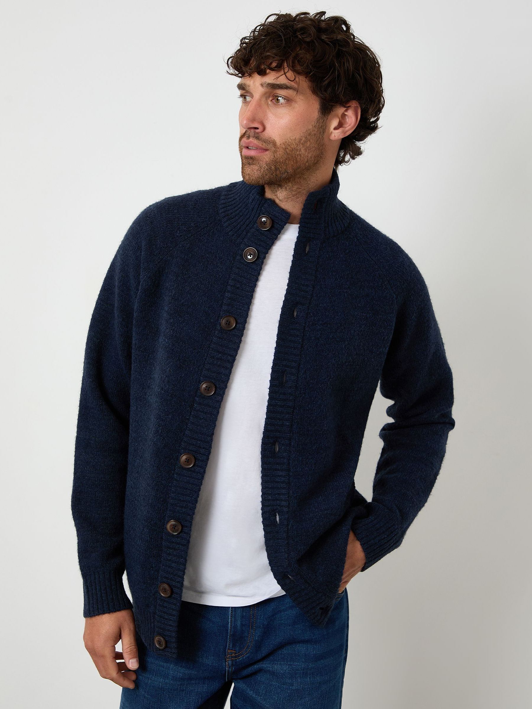 Buy Threadbare Navy Funnel Neck Button Up Knitted Cardigan from