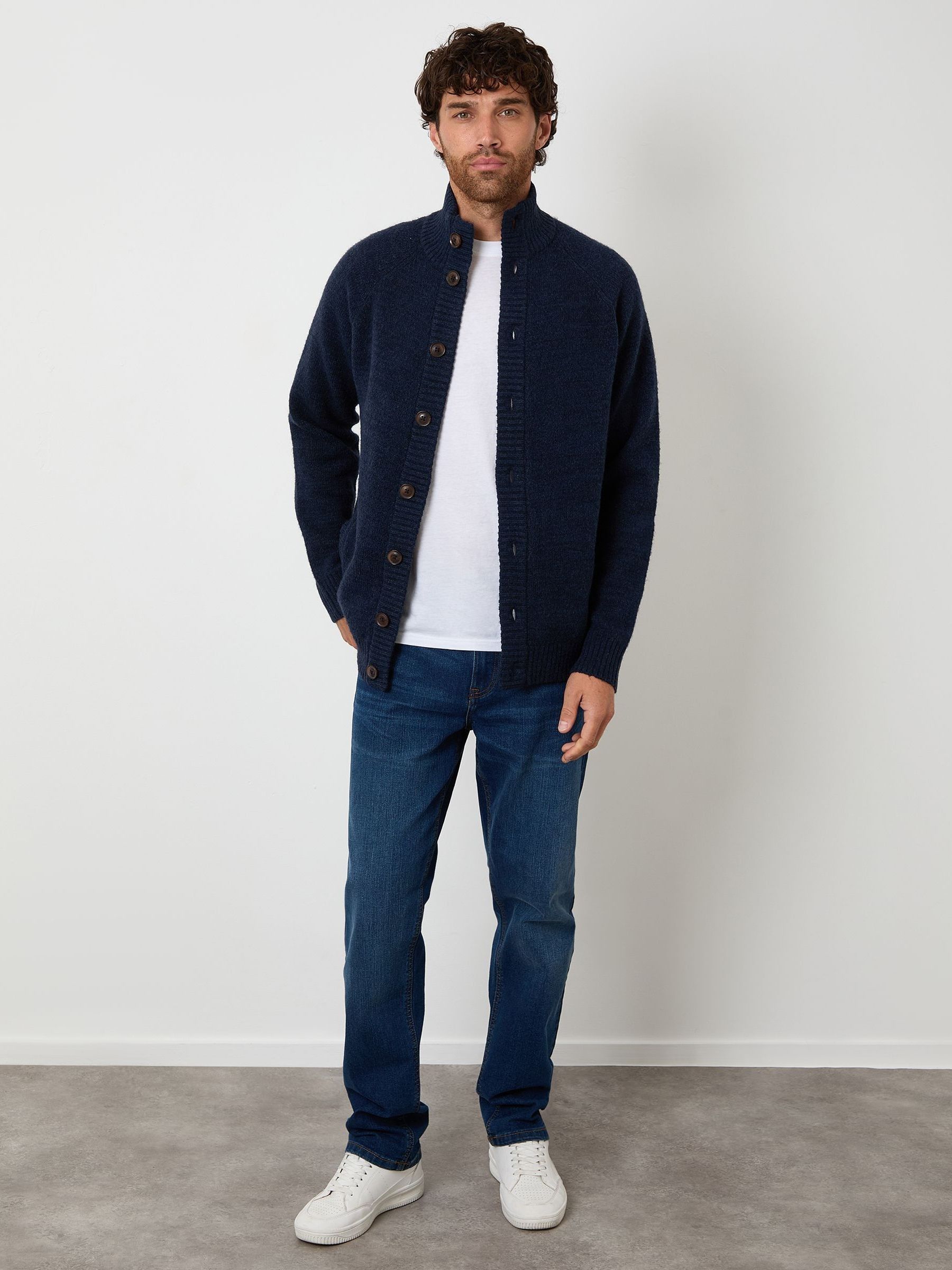 Buy Threadbare Navy Funnel Neck Button Up Knitted Cardigan from