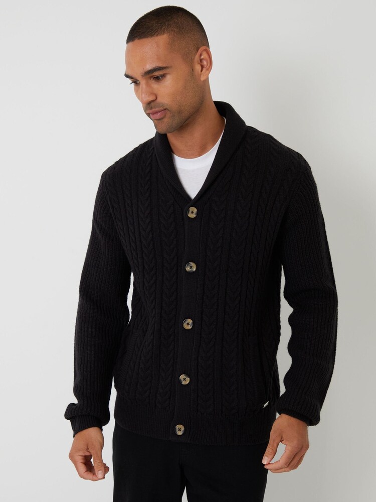 Threadbare Black Cable Knit Shawl Collar Cardigan With Wool - Image 1 of 4