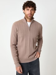 Threadbare Light Brown Cable Knit Quarter Zip Jumper - Image 1 of 4