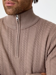 Threadbare Light Brown Cable Knit Quarter Zip Jumper - Image 4 of 4