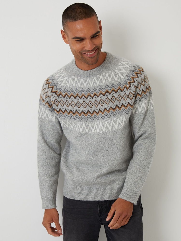 Threadbare Grey Raglan Fairisle Christmas Jumper - Image 2 of 5 Threadbare Grey Raglan Fairisle Christmas Jumper - Image 2 of 5