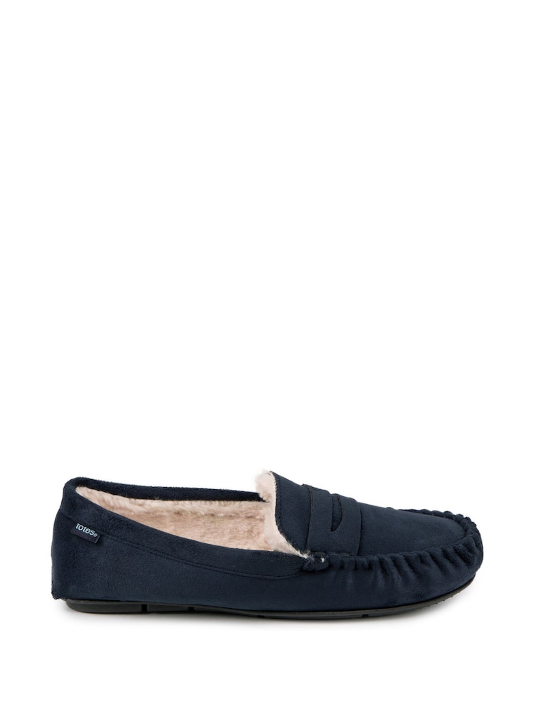 Totes Blue Toasties Mens Suedette Moccasin Slippers With Faux Fur Lining - Image 2 of 5 Totes Blue Toasties Mens Suedette Moccasin Slippers With Faux Fur Lining - Image 2 of 5