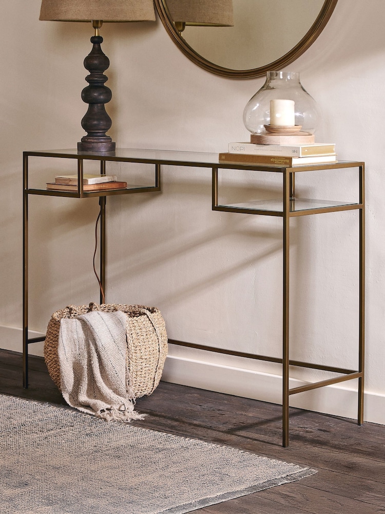 Nkuku Brass Iron & Glass Console Table - Image 1 of 5 Nkuku Brass Iron & Glass Console Table - Image 1 of 5