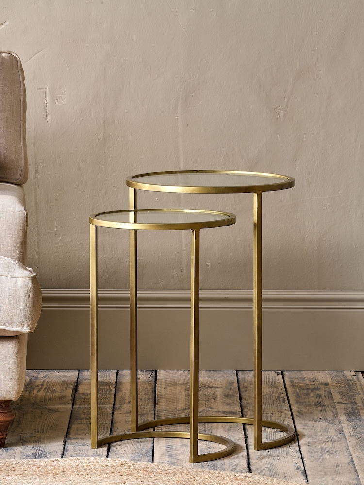 Nkuku Brass Nakuru Iron and Glass Side Table Set - Image 1 of 2 Nkuku Brass Nakuru Iron and Glass Side Table Set - Image 1 of 2