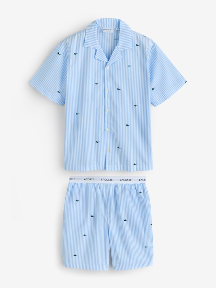 Lacoste Blue Crocodile Print Striped Poplin Pyjamas Set - Image 1 of 3