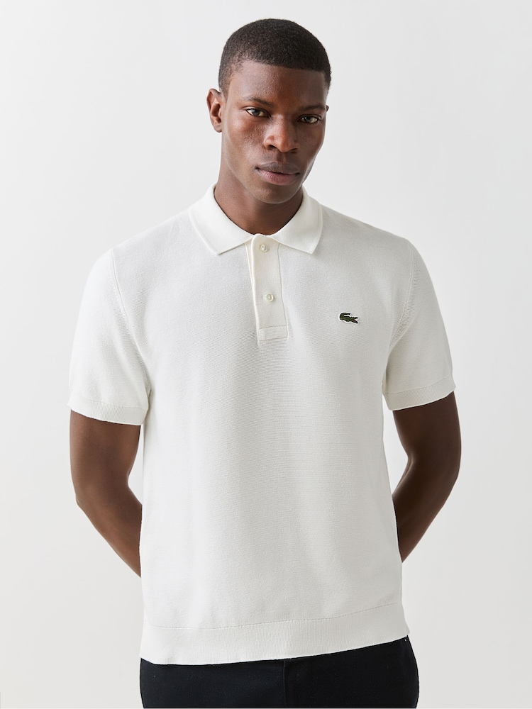 Lacoste White Fine Knit Moss Stitch Cotton Polo Collar Jumper - Image 1 of 7