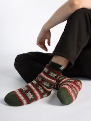 Totes Red Toasties Mens Sherpa Lined Fair Isle Slipper Socks - Image 1 of 5
