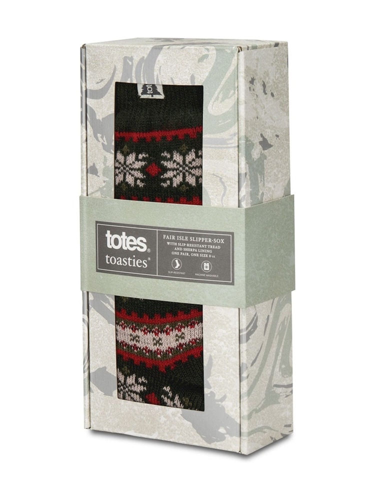 Totes Red Toasties Mens Sherpa Lined Fair Isle Slipper Socks - Image 2 of 5