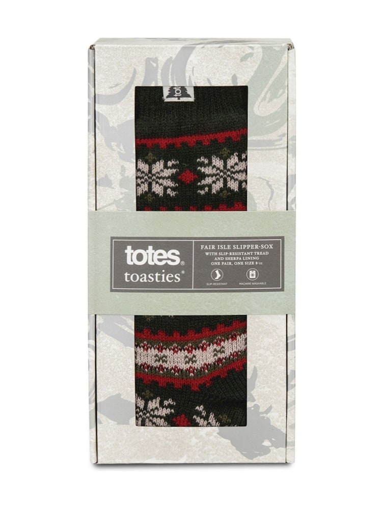 Totes Red Toasties Mens Sherpa Lined Fair Isle Slipper Socks - Image 5 of 5