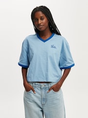 Cotton On Blue V-Neck Boxy Crop Graphic T-Shirt - Image 1 of 4