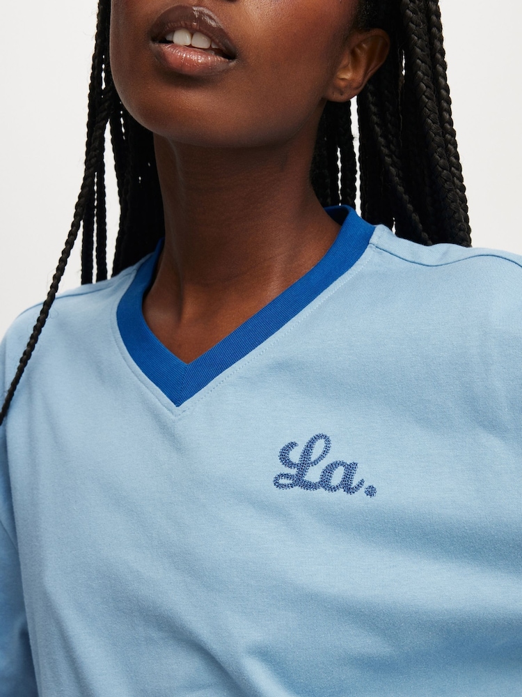 Cotton On Blue V-Neck Boxy Crop Graphic T-Shirt - Image 4 of 4