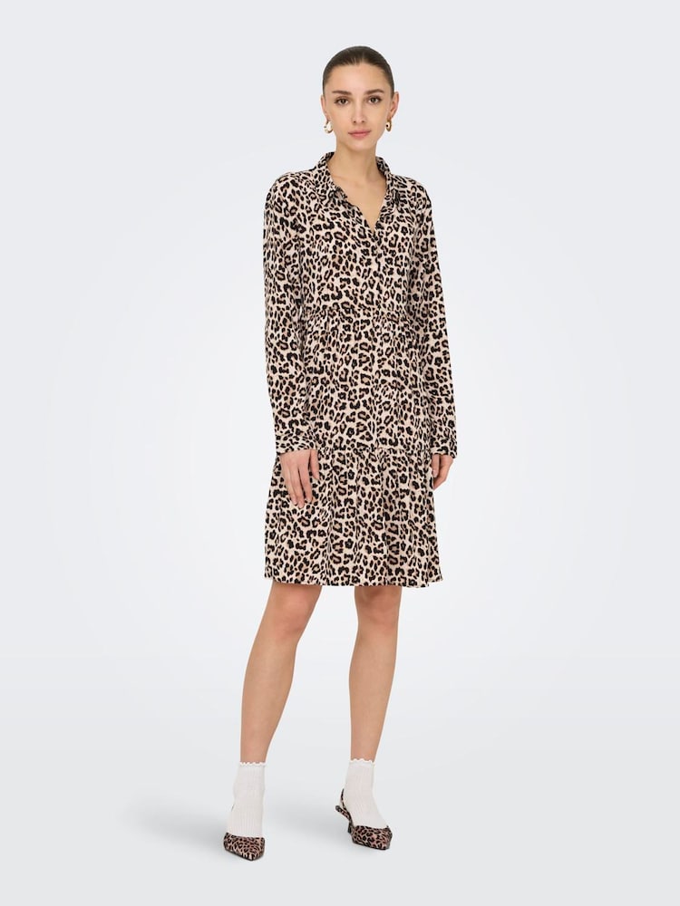 JDY Grey Leopard Print Tiered Shirt Dress - Image 1 of 6 JDY Grey Leopard Print Tiered Shirt Dress - Image 1 of 6