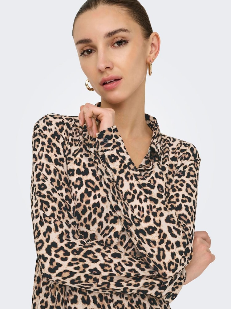 grey leopard print shirt dress Leopard print shirt dress with slit pockets - Light grey