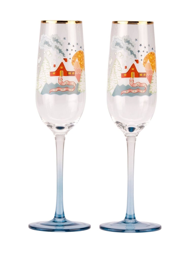 Cath Kidston Set of 2 Blue Christmas Journey Champagne Flutes - Image 2 of 4 Cath Kidston Set of 2 Blue Christmas Journey Champagne Flutes - Image 2 of 4