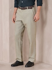 Sage Green Regular Fit Smart Linen Cotton Blend Belted Trousers - Image 1 of 9