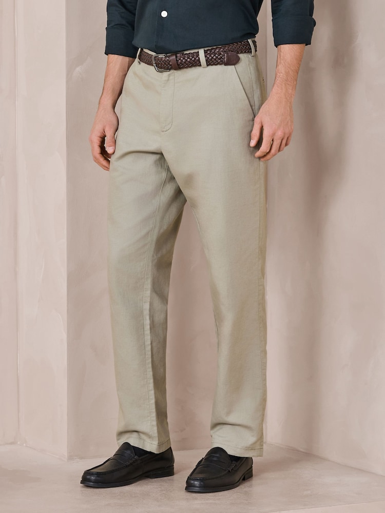 Sage Green Regular Fit Smart Linen Cotton Blend Belted Trousers - Image 1 of 9